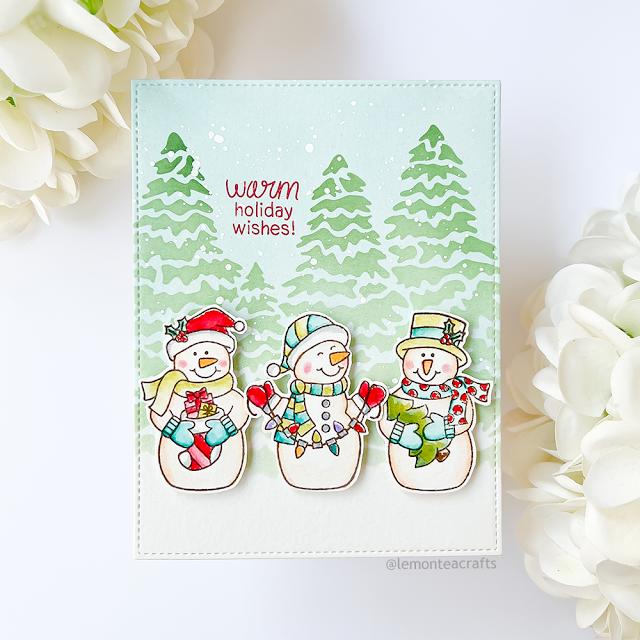 Deck the Halls with Inky Paws Week - Snowman Card by Guest Designer Thi Lam | Snow Much Cheer Stamp Set and Evergreens Stencil by Newton's Nook Designs #newtonsnook #handmade