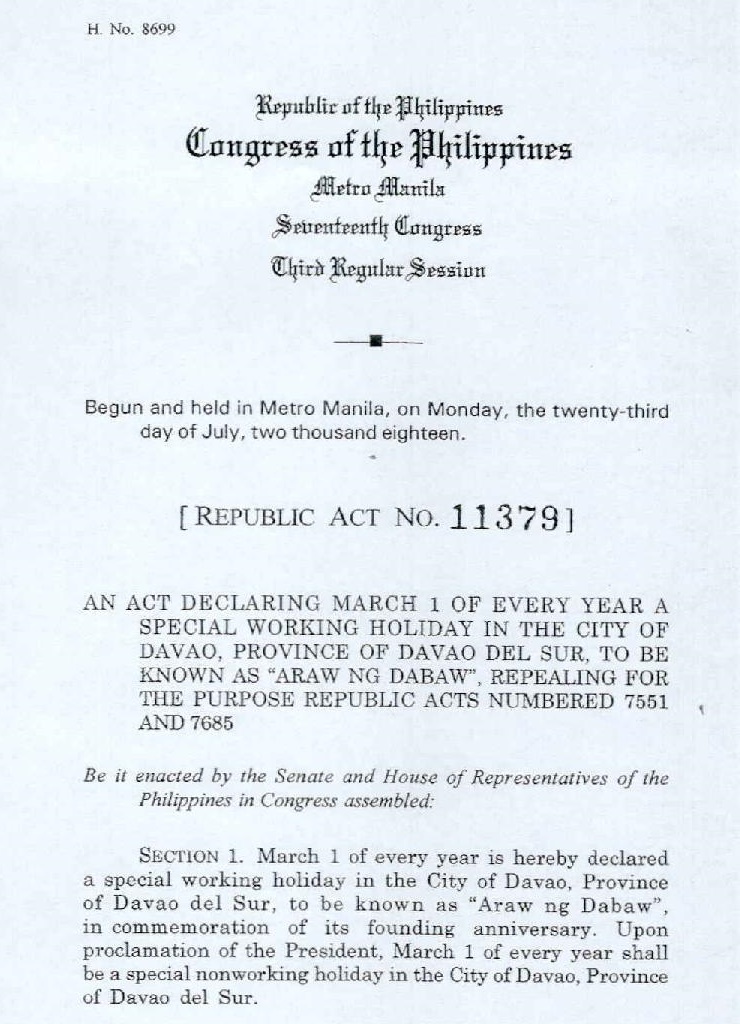 Philippine Holidays "Araw ng Dabaw" is a Special Working Holiday in