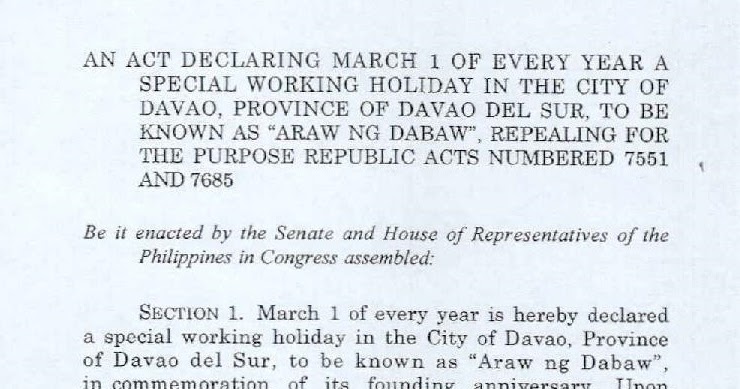 Philippine Holidays: "Araw ng Dabaw" is a Special Working Holiday in Davao City every 1st of 