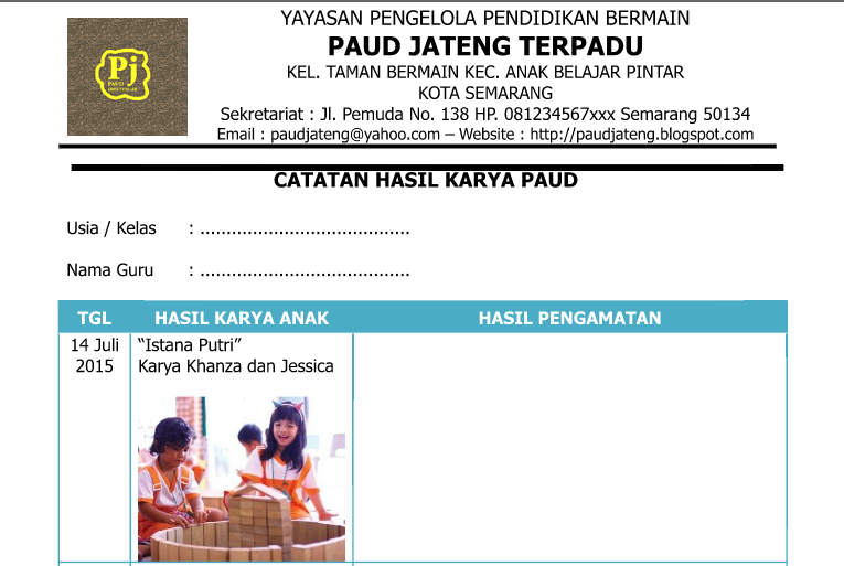 Contoh Catatan Hasil Karya Anak Penilaian Paud K 13 Lengkap Terbaru 2016 Paud Pendidikan Anak Usia Dini