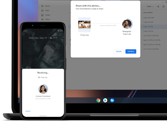 Gebruiker die Dichtbij delen gebruikt om een foto van een Chromebook naar een Android-telefoon te delen.