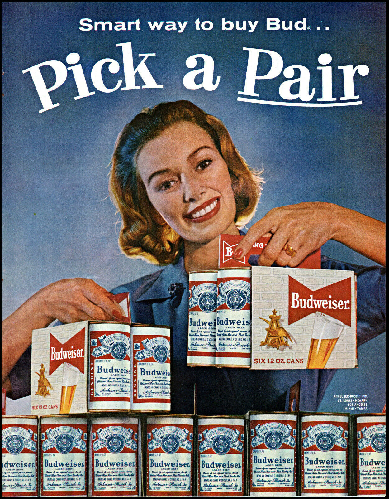 1960 BUDWEISER Beer Magazine Ad 6 PACK CANS AND A SMILE Old