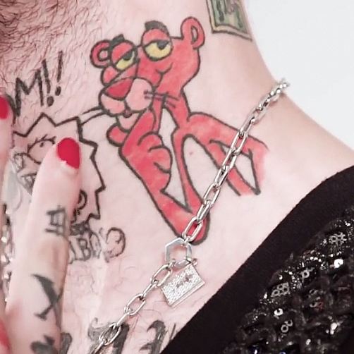 Pink panther tattoo of lil peep on neck