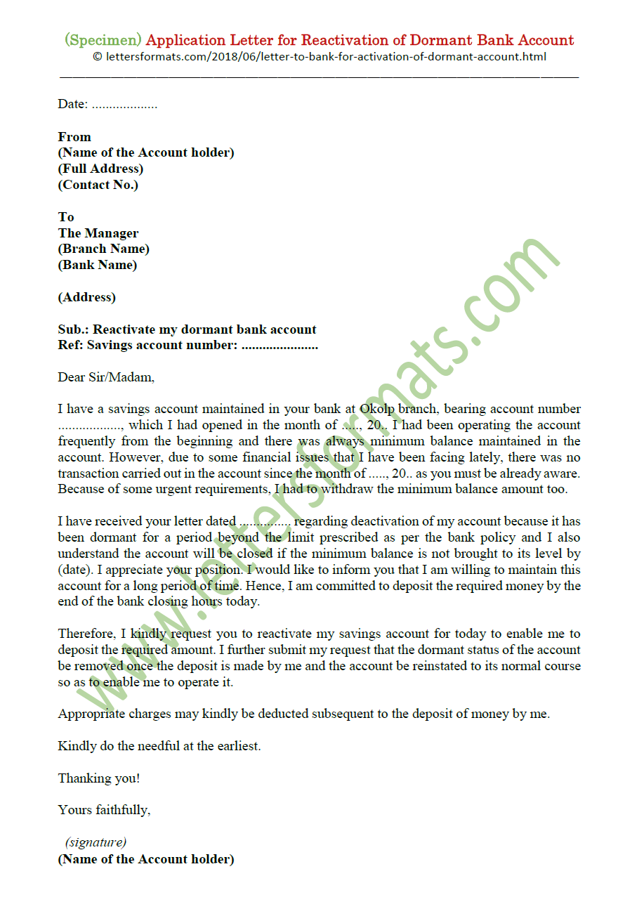 application letter for activating bank account