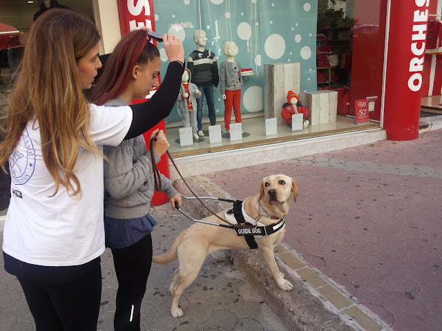 εθελόντρια με εκπαιδεύτρια κάνει βόλτα με σκύλο οδηγό