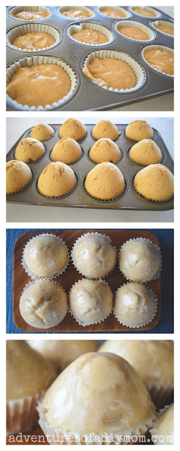 collage of images depicting the steps to baking donut muffins