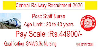 Central Railway Staff Nurse Vacancies- 44,900+ salary Per month
