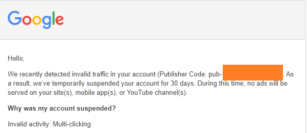 Google Adsense account has been suspended for 30 days due to invalid activity
