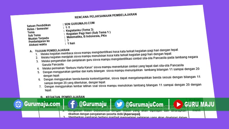 RPP 1 LEMBAR KELAS 1 SEMESTER 1 TEMA 3 REVISI 2020 GURU MAJU