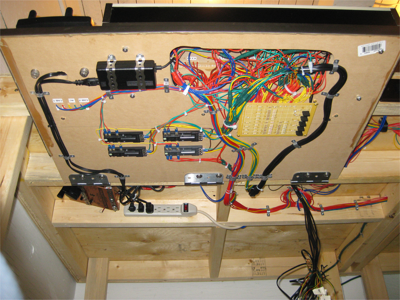 Completed wiring below model railroad control panel and benchwork