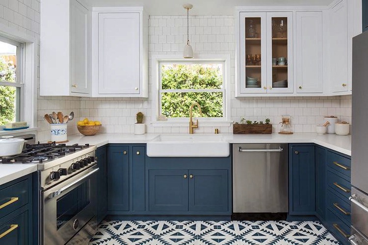 light blue white two tone cabinet kitchen