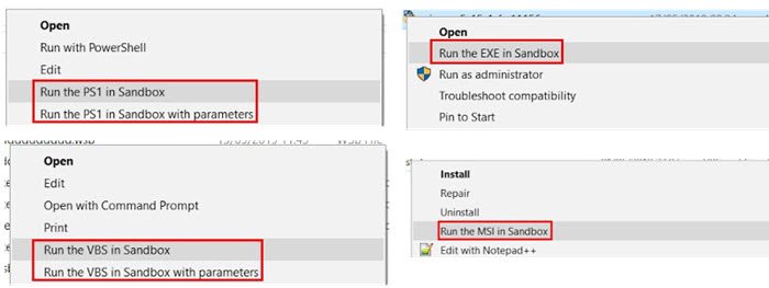 Ajouter les options "Exécuter dans Sandbox" sur Windows 10