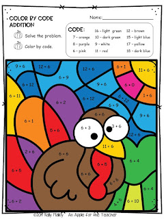 Thanksgiving Color By Number Math Facts Practice Addition turkey colored