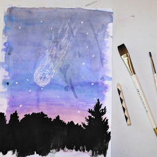 a watercolor painting of a night sky with a comet