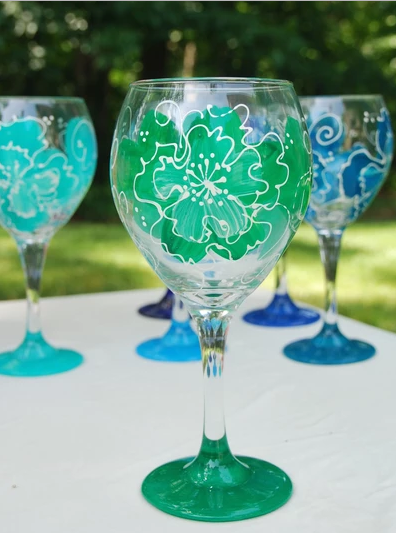 Green Hand Painted Wine Glass