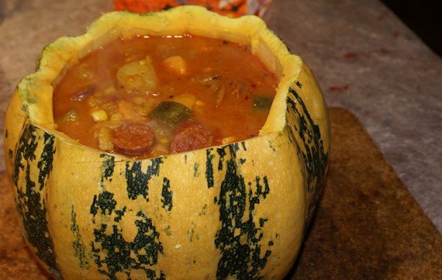 Witch's stew served in a pumpkin shell