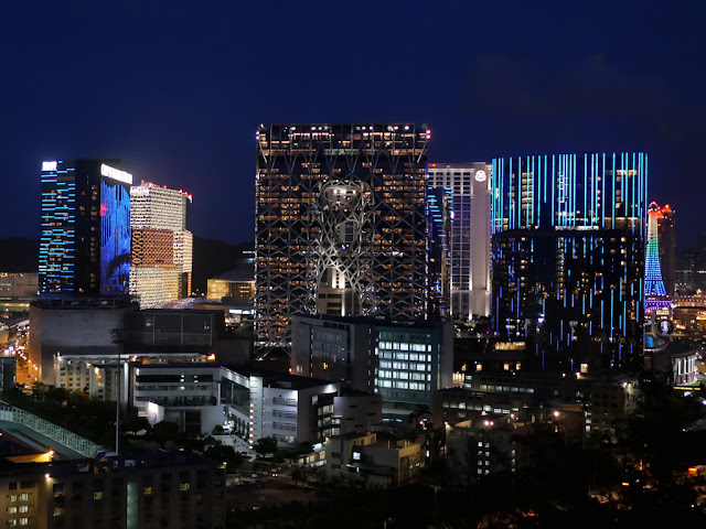 view of  Morpheus hotel from the Grand Taipa Hiking trail at night