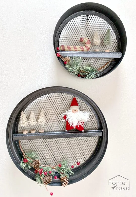 Spray Painted DIY Fixer Upper Round Wall Shelves Decorated for Christmas