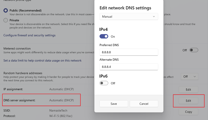 Cambia server DNS Google