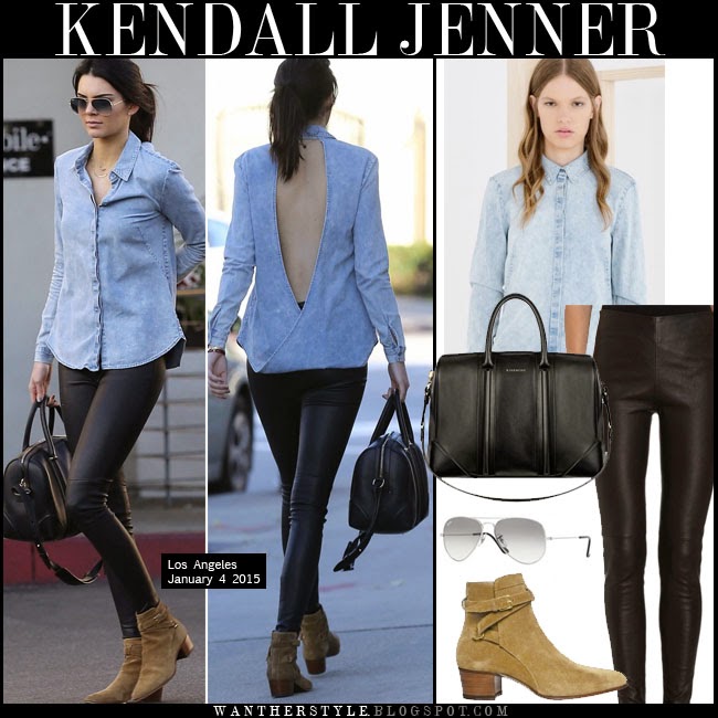 WHAT SHE WORE: Kendall Jenner in blue denim open back skirt with black ...
