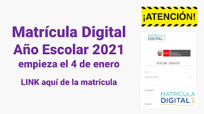 Matrícula Virtual 2021 desde el 4 al 20 de enero Ingreso Año Escolar 2021