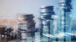 Microfinance stacks of coins with buildings and microfinance statistics