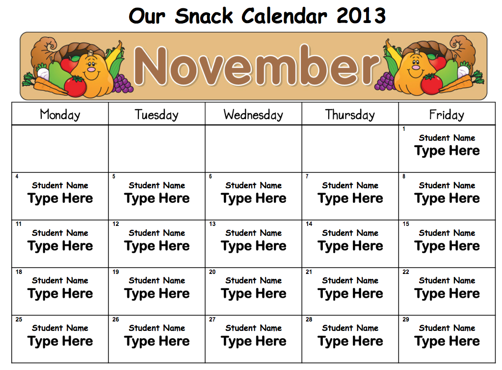 Snack Calendar Template