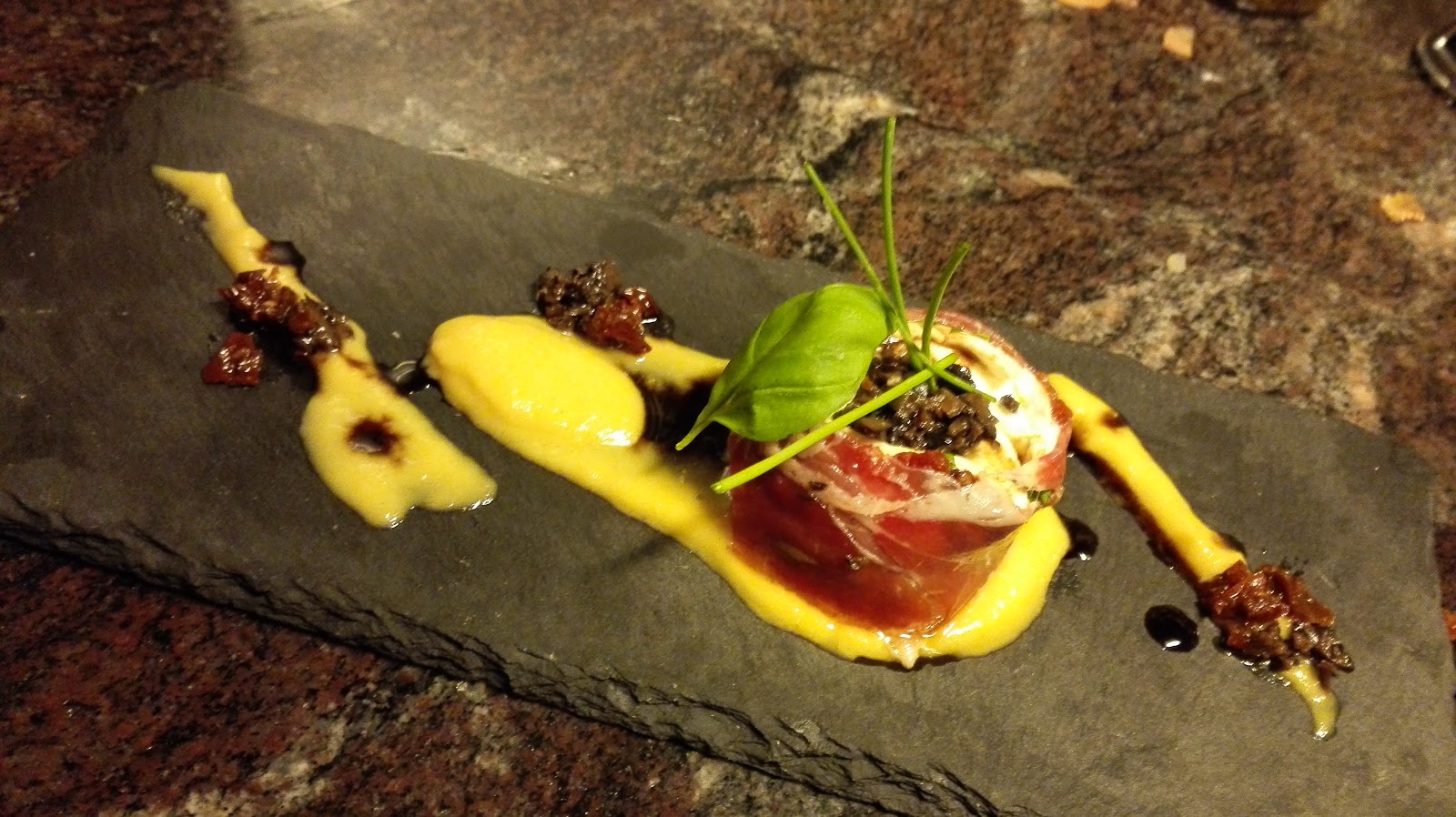 Pondering The Starter with mozzarella, prosciutto ham, olives