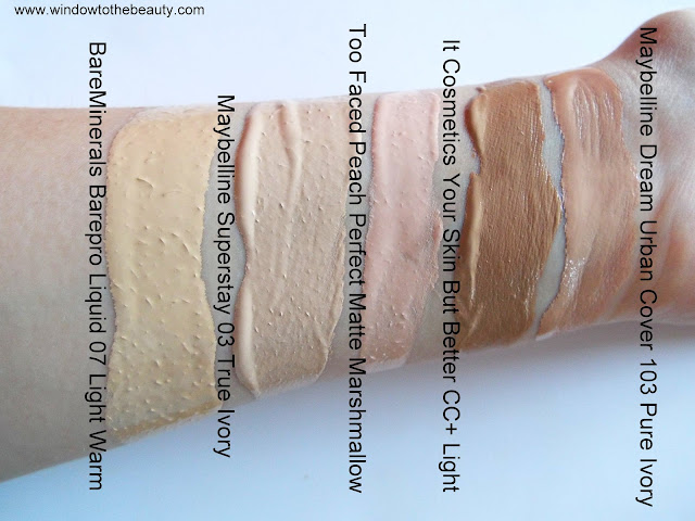 Too Faced Peach Perfect' Matte Marshmallow vs ivory swatches