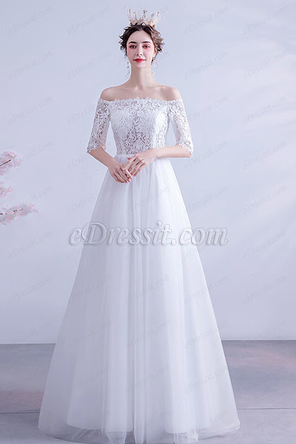 sexy off the shoulder half sleeves lace wedding dress