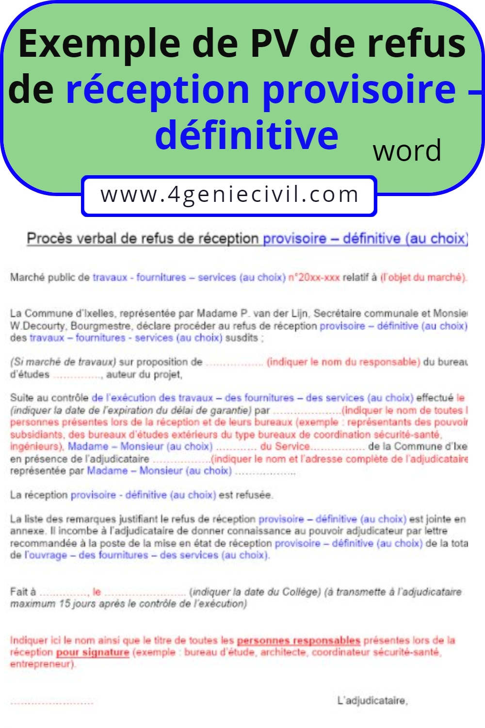 PV de refus de réception provisoire – définitive (au choix)