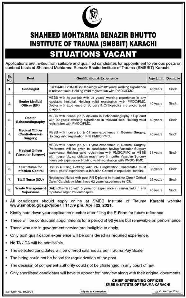 Medical Jobs  SMBBIT  Shaheed Mohtarma Benazir Bhutto Institute of Trauma 2021