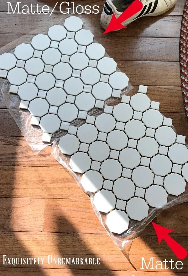 Hexagon and diamond white mosaic tile squares on wood floor