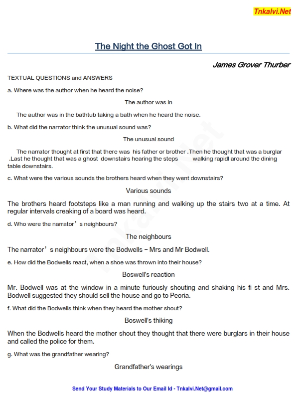 10th Standard - English - Unit 2 Prose Short Answers (The Night the
