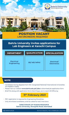bahria university lab engineer jobs february 2021