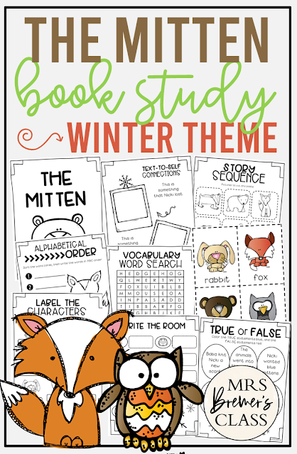 The Mitten book study activities unit with Common Core aligned literacy companion activities and a craftivity for Kindergarten and First Grade