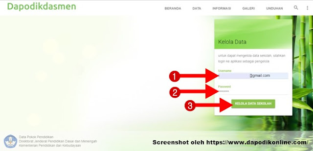 Masukkan username dan password dapodik kemudian klik kelola data sekolah