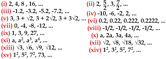 निम्नलिखित में से कौन – कौन A.P. हैं? यदि कोई A.P. हैं, तो इसका सार्व अंतर ज्ञात कीजिए और इनके तीन और पद लिखिए / (i) 2, 4, 8 , 16, ...     (ii) 2, 5/2, 3, 7/2, ... (iii) -1.2, -3.2, -5.2, -7.2, ...     (iv) -10, -6, -2, 2, ... (v) 3, 3 + √2, 3 + 2√2, 3 + 3√2, ... (vi) 0.2, 0.22, 0.222, 0.2222, ... (vii) 0, -4, -8, -12, ...                    (viii) -1/2, -1/2, -1/2, -1/2, ... (ix) 1, 3, 9, 27, ...                         (x) a, 2a, 3a, 4a, ... (xi) a, a2, a3, a4, ...                         (xii) √2, √8, √18, √32, ... (xiii) √3, √6, √9, √12, ...             (xiv) 12, 32, 52, 72, ... (xv) 12, 52, 72, 73, ... निम्नलिखित में से प्रत्येक A.P. के लिए प्रथम पद तथा सार्व अंतर लिखिए : (i) 3, 1, -1, -3,.....                (ii) -5, -1, 3, 7, ..... (iii) 1/3, 5/3, 9/3, 13/3, ..... (iv) 0.6, 1.7, 2.8, 3.9, ..... दी हुई A.P. के प्रथम चार पद लिखिए, जबकि प्रथम पद a और सार्व अंतर d निम्नलिखित हैं : (i) a = 10, d = 10            (ii) a = -2, d = 0 (iii) a = 4, d = -3            (iv) a = -1, d = ½  (v) a = -1.25, d = -0.25 (a1) = a1 + d  निम्नलिखित स्थितियों में से किन स्थितियों में संबद्ध संख्याओं की सूची A.P. है और क्यों? (i) प्रत्येक किलो मीटर के बाद का टैक्सी का किराया, जबकि प्रथम किलो मीटर के लिए किराया Rs. 15 है और प्रत्येक अतिरिक्त किलो मीटर के लिए किराया Rs. 8 है/ (ii) किसी बेलन (cylinder) में उपस्थित हवा की मात्रा, जबकि वायु निकालने वाला पम्प प्रत्येक बार बेलन की शेष हवा का ¼ भाग बाहर निकाल देता है/ (iii) प्रत्येक मीटर की खुदाई के बाद, एक कुआँ खोदने में आई लागत, जबकि प्रथम मीटर खुदाई की लागत Rs.150 है और बाद में प्रत्येक मीटर खुदाई की लागत Rs.50 बढ़ती जाती है/ (iv) खाते में प्रत्येक वर्ष का मिश्रधन, जबकि Rs. 10000 की राशि 8% वार्षिक की दर से चक्रवृद्धि ब्याज पर जमा की जाती है/  (ii) दर = 8% वार्षिक ,  मूलधन (a1) = 10000 1 वर्ष बाद मिश्रधन(a2) = 10000 ( 1 + 8/100 )1 = 10000 (1 + 0.08) =  10000 (1.08) = 10800 2 वर्ष बाद मिश्रधन(a3)  = 10800 ( 1 + 8/100 )1 = 10800 (1 + 0.08) =  10800 (1.08) = 11664 3 वर्ष बाद मिश्रधन(a4)  = 11664 ( 1 + 8/100 )1 = 11664 (1 + 0.08) =  11664 (1.08) = 12597 मिश्रधन = मूलधन ( 1 + दर / 100)समय   a2 – a1 = 10800 – 10000 = 800 a3 – a2 = 11664 – 10800 = 864 a4 – a3 = 12597 – 11664 = 933 2, 5/2, 3 , 7/2, ... a1 = 2, a2 = 5/2, a3 = 3, a4 = 7/2 a2 – a1 = 5/2 – 2 = 1/2 a3 – a2 = 3 – 5/2 = ½ a4 – a3 = 7/2 – 3 = ½ पाँचवाँ  पद (a5) = a4 + d छठा पद (a6) = a5 + d सातवाँ पद (a7) = a6 + d  a2 – a1 = ¾ x – x = 3x – 4x    = - ¼ x a3 – a2 = 9/16 x - ¾ x  a4 – a3 =    समान्तर श्रेढ़ी, Arithmetic Progression   समान्तर श्रेढ़ी, समान्तर श्रेणी, समान्तर श्रेणी के सवाल, समान्तर श्रेणी फार्मूला, समान्तर श्रेणी के प्रश्न, समान्तर श्रेणी के सूत्र, समान्तर श्रेणी के सभी सूत्र, समान्तर श्रेणी प्रश्न, समान्तर श्रेणी class 10, समान्तर श्रेणी के पदों का योग, समान्तर श्रेढ़ी, समान्तर श्रेणी pdf, समान्तर श्रेणी class 10, समान्तर श्रेणी के सवाल, समान्तर श्रेणी क्लास १०, समांतर श्रेणी सूत्र, समान्तर श्रेणी in english, समांतर श्रेणी के सवाल, समांतर श्रेढ़ी 10, NCERT Solutions for Mathematics Class 10th, UP Board कक्षा 10 गणित, rkmsb.blogspot.com, NCERT10, class10, कक्षा 10, #rkmschannel, #NCERT10, ranjeet kumar, ranjeetsir, Arithmetic Progression, arithmetic progression in hindi, arithmetic progression formula, arithmetic progression questions, arithmetic progression sum formula, arithmetic progression class 10, arithmetic progression questions class 10, arithmetic progression properties, arithmetic progression examples, arithmetic progression class 11, arithmetic progression definition, What is the arithmetic progression formula?, What is arithmetic progression with example?, How do you find the sum of an arithmetic series?, What is the difference between arithmetic progression and geometric progression?, Who introduced arithmetic progression?, What is the use of arithmetic progression?, What is nth term in arithmetic progression?, How do you find the common difference in arithmetic progression?, What are the types of progression?, What is the formula of sum of AP?, How do you find the sum of a finite arithmetic series?, What is the sum of the first 100 numbers?, What is sum of arithmetic progression?, What are the 4 types of sequence?, What is geometric and arithmetic progression?, Who is the father of maths?, Who is the father of arithmetic?, Who is the Prince of maths?, What is arithmetic progression in simple words?, What are the advantages of arithmetic mean?, What is the formula for finding the nth term?, What is r in GP?, How do you find the nth term of an end?, What is a common ratio?, Can the common difference in an arithmetic sequence be negative?, How do you find out if a number is in an arithmetic sequence?, What is exercise progression?, How do you explain arithmetic progression?, What is arithmetic progression with example?, What is infinite arithmetic progression?, What is the formula of arithmetic series?, Who invented arithmetic progression?, What is nth term in arithmetic progression?, What is arithmetic calculation?, What is the formula for last term of an AP?, How do you find the nth term of an AP end?,