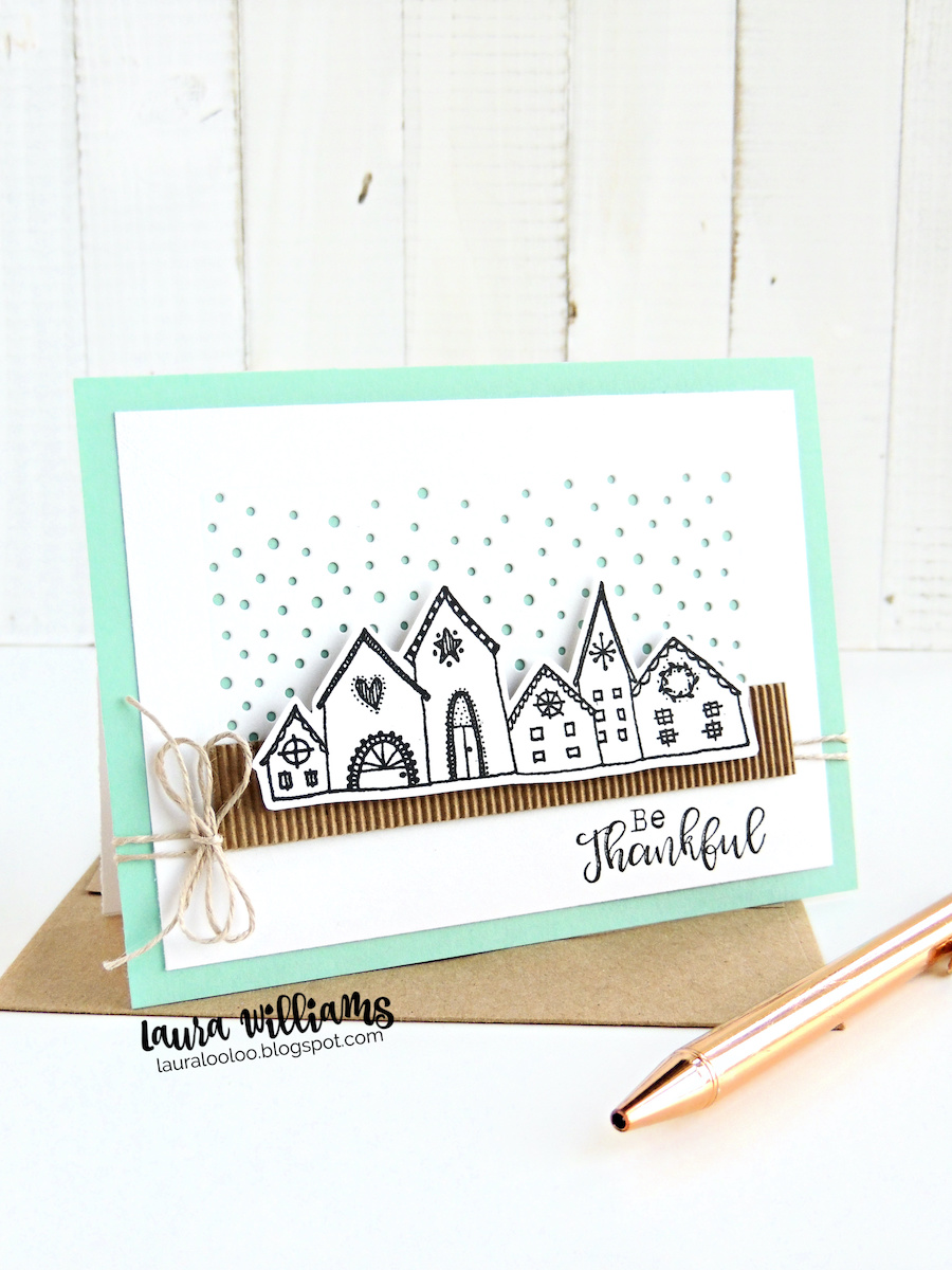 Make a clean and simple winter Thank You card with the Nordic Village stamp from Impression Obsession. This card features a snowy die cut background, corrugated stock, a simple twine bow and this darling stamped image from IO Stamps. Click for all the details and tips for creating this cardmaking idea yourself!