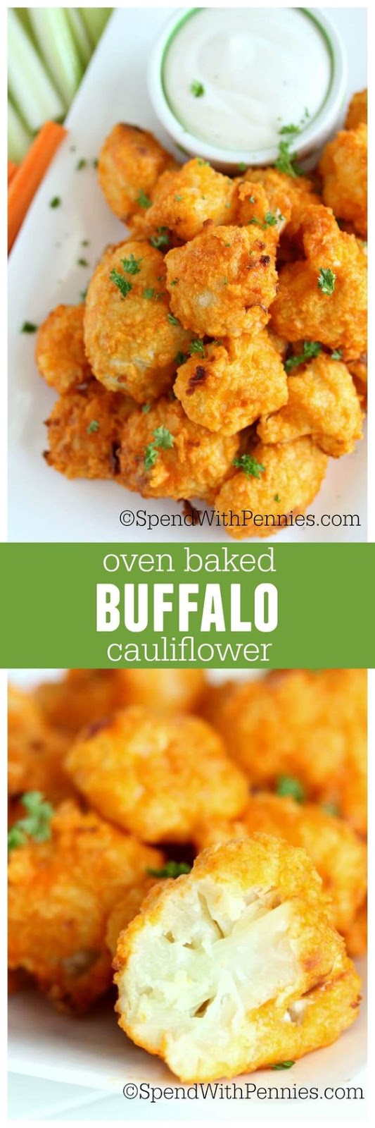 Oven Baked Buffalo Cauliflower - Tender morsels of cauliflower baked in a crispy crust and then loaded with buffalo sauce! If you like wings, you love this leaner tastier snack!