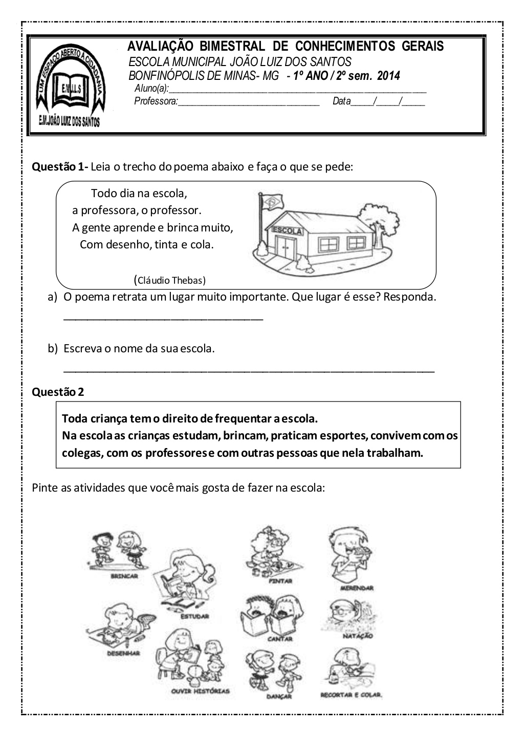 Avaliação Bimestral de Conhecimentos Gerais 1º Ano.