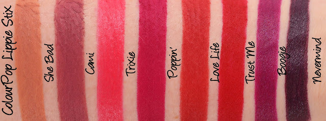 ColourPop Lippie Stix - She Bad, Cami, Trixie, Poppin', Love Life, Trust Me..., Boogie and Nevermind Swatches & Review