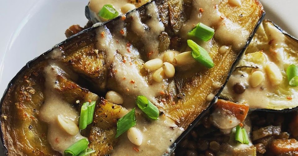 Roasted Eggplant with Tahini, Pine Nuts and Lentils Vegan Recipe