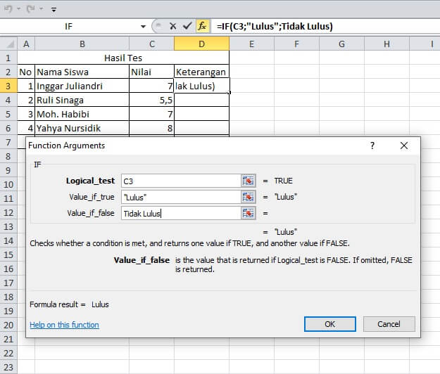 rumus if pada excel untuk lulus dan tidak lulus