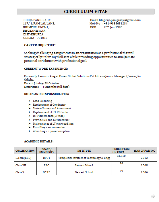 resume format for freshers eee engineers