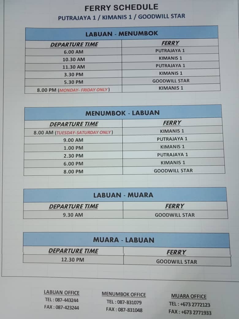 Jadual Feri Menumbok, Labuan dan Muara Tahun 2019 - Seulangke News