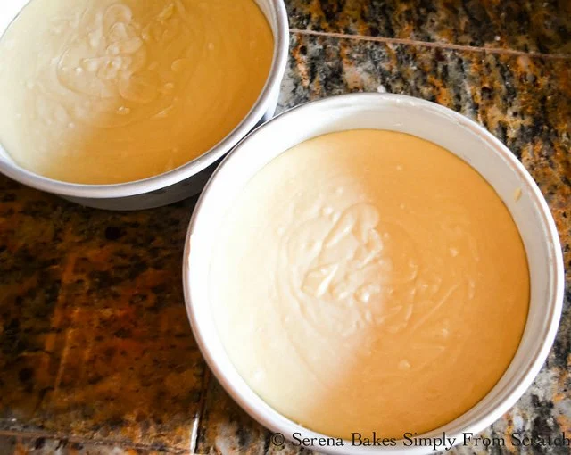 Boston Cream Pie recipe cake batter pour into prepared pans.
