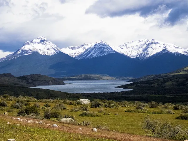 Birding Patagonia: Lago Sofia near Puerto Natales Chile with snow-capped mountains behind