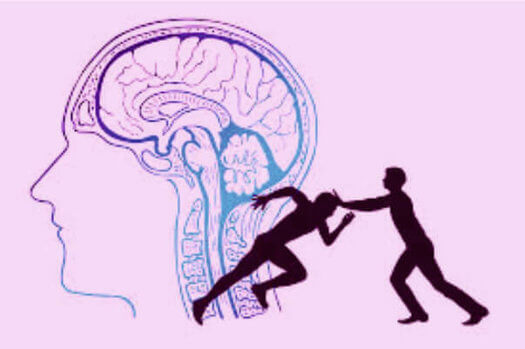 Desenho de cérebro e duas silhuetas de homens
