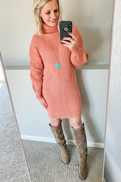 Orange sweater dress with knee high boots